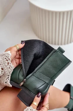 Zazoo Botki Ocieplane|Botki Na Obcasie*60480 Skórzane Botki Na Niskim Obcasie Ocieplane Ciemnozielone Zielony