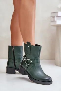 Zazoo Botki Ocieplane|Botki Na Obcasie*60480 Skórzane Botki Na Niskim Obcasie Ocieplane Ciemnozielone Zielony