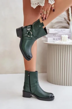 Zazoo Botki Ocieplane|Botki Na Obcasie*60480 Skórzane Botki Na Niskim Obcasie Ocieplane Ciemnozielone Zielony