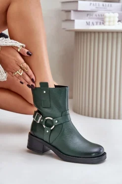 Zazoo Botki Ocieplane|Botki Na Obcasie*60480 Skórzane Botki Na Niskim Obcasie Ocieplane Ciemnozielone Zielony