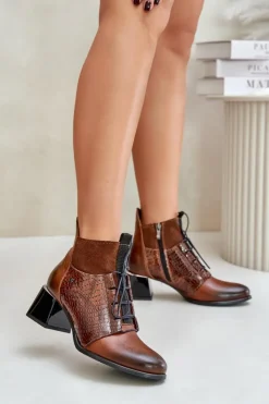 Clearance Zazoo 60503 Skórzane Botki Na Obcasie Ocieplane Brązowe Brązowy