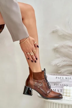 Clearance Zazoo 60503 Skórzane Botki Na Obcasie Ocieplane Brązowe Brązowy