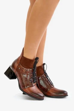 Clearance Zazoo 60503 Skórzane Botki Na Obcasie Ocieplane Brązowe Brązowy