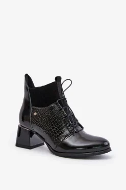 Zazoo Botki Wiosenne|Botki Ocieplane*60503 Skórzane Botki Na Obcasie Ocieplane Czarne Czarny