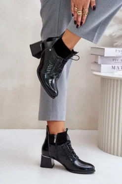 Zazoo Botki Wiosenne|Botki Ocieplane*60503 Skórzane Botki Na Obcasie Ocieplane Czarne Czarny