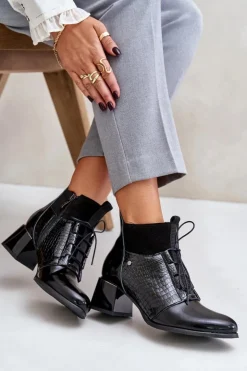 Zazoo Botki Wiosenne|Botki Ocieplane*60503 Skórzane Botki Na Obcasie Ocieplane Czarne Czarny