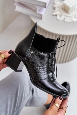 Zazoo Botki Wiosenne|Botki Ocieplane*60503 Skórzane Botki Na Obcasie Ocieplane Czarne Czarny