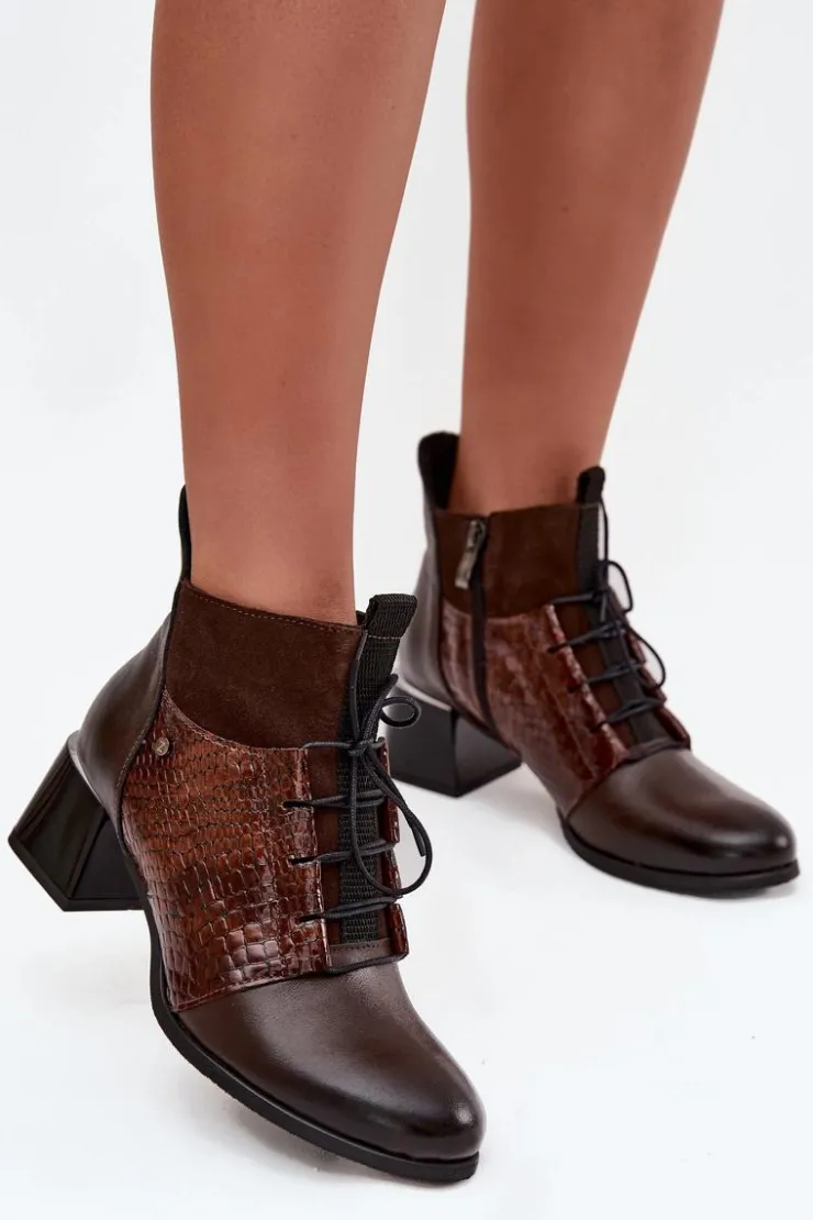 Outlet Zazoo 60503 Skórzane Botki Na Obcasie Ocieplane Czekoladowe Brązowy