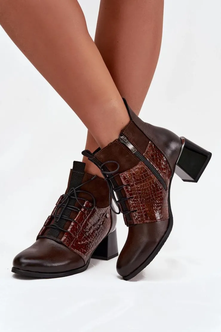 Outlet Zazoo 60503 Skórzane Botki Na Obcasie Ocieplane Czekoladowe Brązowy