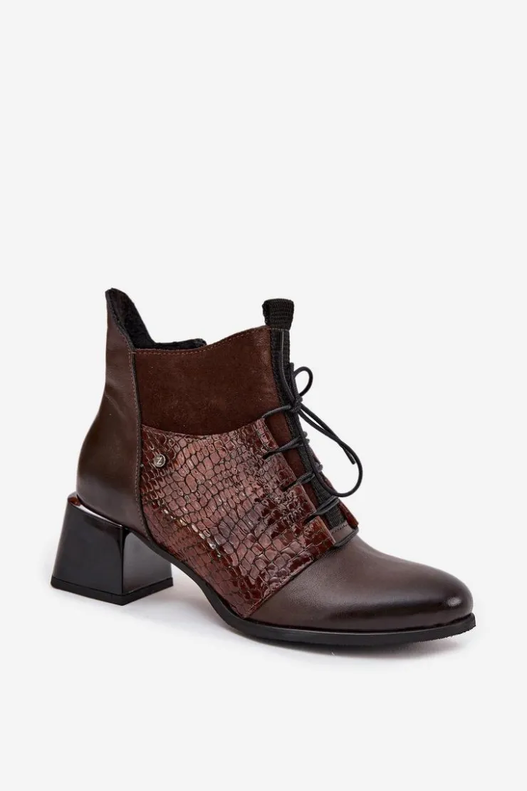 Outlet Zazoo 60503 Skórzane Botki Na Obcasie Ocieplane Czekoladowe Brązowy