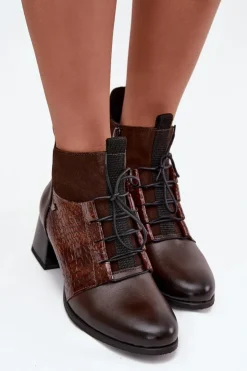 Outlet Zazoo 60503 Skórzane Botki Na Obcasie Ocieplane Czekoladowe Brązowy