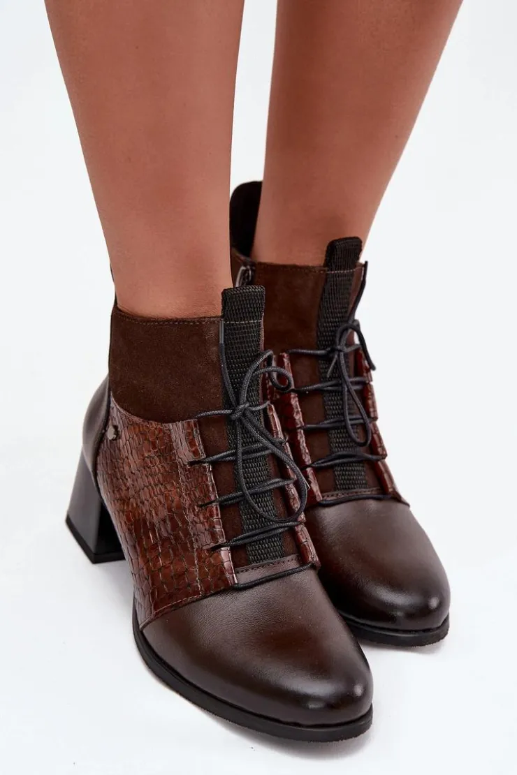 Outlet Zazoo 60503 Skórzane Botki Na Obcasie Ocieplane Czekoladowe Brązowy