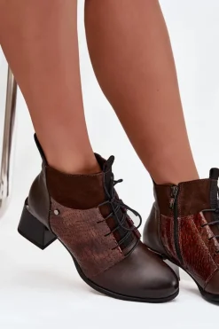 Outlet Zazoo 60503 Skórzane Botki Na Obcasie Ocieplane Czekoladowe Brązowy