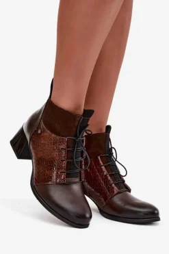 Outlet Zazoo 60503 Skórzane Botki Na Obcasie Ocieplane Czekoladowe Brązowy