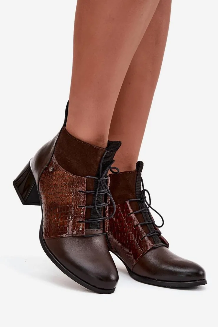 Outlet Zazoo 60503 Skórzane Botki Na Obcasie Ocieplane Czekoladowe Brązowy