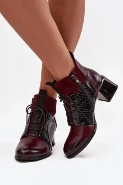 Damskie Zazoo 60503 Skórzane Botki Na Obcasie Ocieplane Bordowe