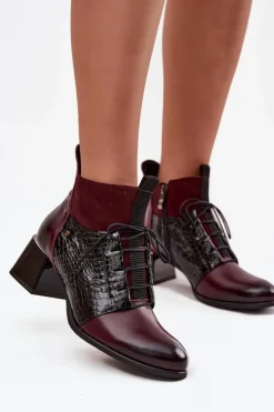 Damskie Zazoo 60503 Skórzane Botki Na Obcasie Ocieplane Bordowe