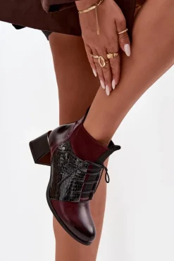 Damskie Zazoo 60503 Skórzane Botki Na Obcasie Ocieplane Bordowe