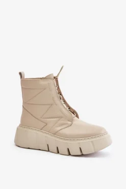 Zazoo 60472 Skórzane Botki Na Platformie I Koturnie Beżowe Beżowy