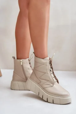 Zazoo 60472 Skórzane Botki Na Platformie I Koturnie Beżowe Beżowy