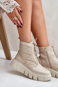Zazoo 60472 Skórzane Botki Na Platformie I Koturnie Beżowe Beżowy
