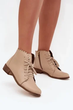 Damskie Zazoo 2964 Skórzane Botki Na Płaskim Obcasie Beżowe