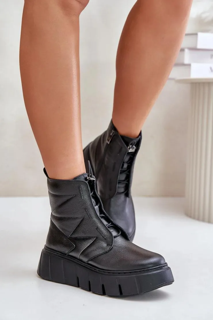Damskie Zazoo 60472 Skórzane Botki Na Platformie I Koturnie Czarne