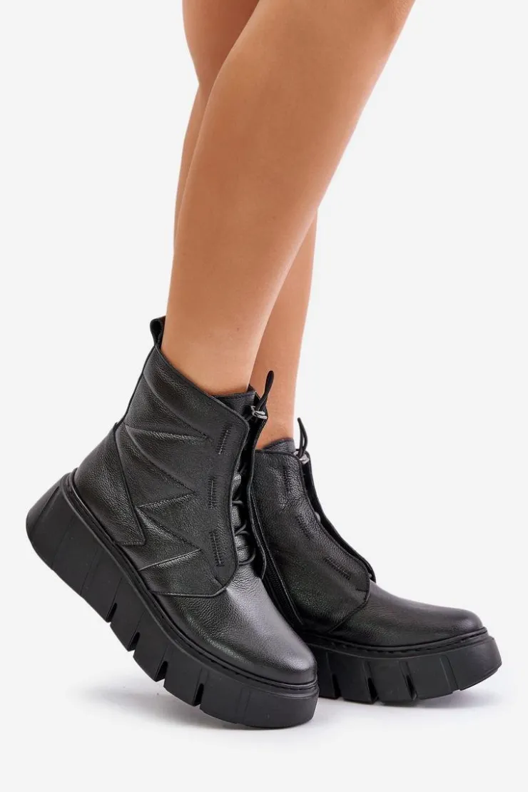 Damskie Zazoo 60472 Skórzane Botki Na Platformie I Koturnie Czarne