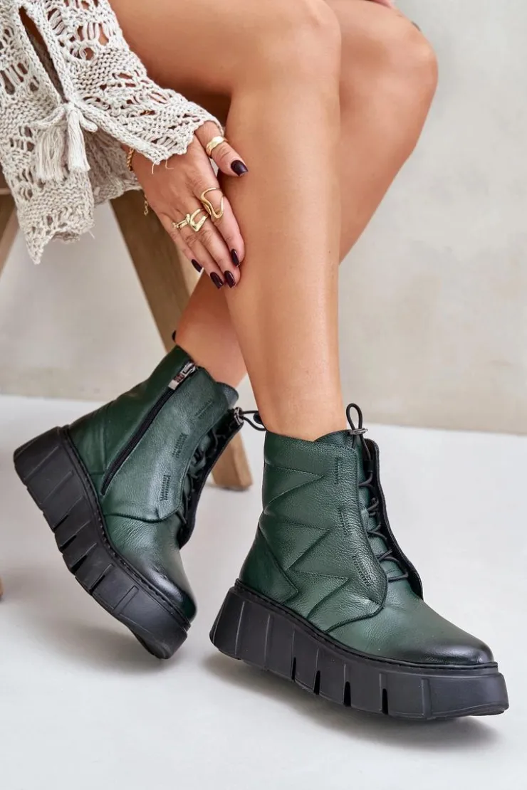 Zazoo Botki Ocieplane|Botki Skórzane*60472 Skórzane Botki Na Platformie I Koturnie Ciemnozielone Zielony