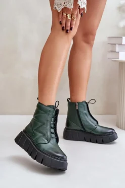 Zazoo Botki Ocieplane|Botki Skórzane*60472 Skórzane Botki Na Platformie I Koturnie Ciemnozielone Zielony