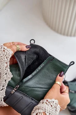 Zazoo Botki Ocieplane|Botki Skórzane*60472 Skórzane Botki Na Platformie I Koturnie Ciemnozielone Zielony