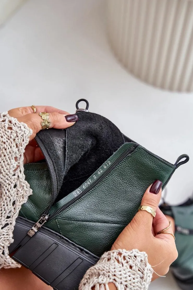 Zazoo Botki Ocieplane|Botki Skórzane*60472 Skórzane Botki Na Platformie I Koturnie Ciemnozielone Zielony