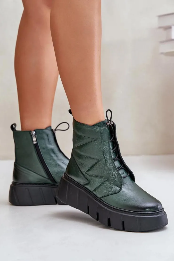 Zazoo Botki Ocieplane|Botki Skórzane*60472 Skórzane Botki Na Platformie I Koturnie Ciemnozielone Zielony