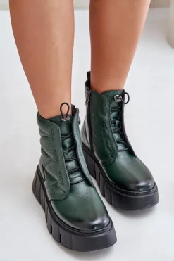 Zazoo Botki Ocieplane|Botki Skórzane*60472 Skórzane Botki Na Platformie I Koturnie Ciemnozielone Zielony