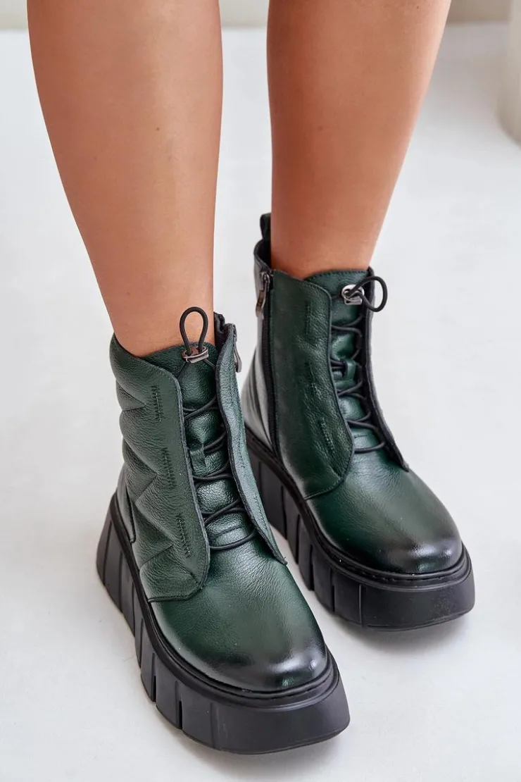 Zazoo Botki Ocieplane|Botki Skórzane*60472 Skórzane Botki Na Platformie I Koturnie Ciemnozielone Zielony