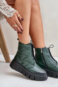 Zazoo Botki Ocieplane|Botki Skórzane*60472 Skórzane Botki Na Platformie I Koturnie Ciemnozielone Zielony