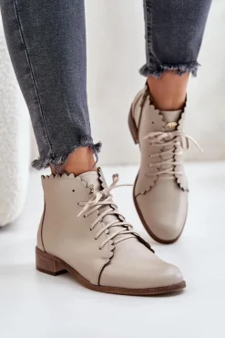 Damskie Zazoo 2964 Skórzane Botki Na Płaskim Obcasie Beżowe