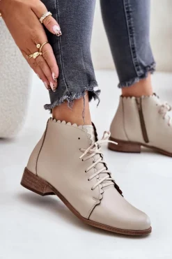 Damskie Zazoo 2964 Skórzane Botki Na Płaskim Obcasie Beżowe