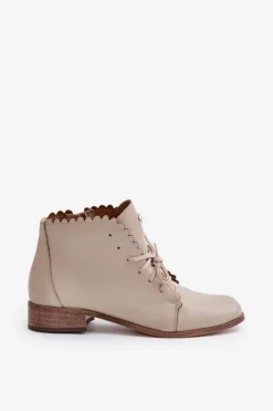 Damskie Zazoo 2964 Skórzane Botki Na Płaskim Obcasie Beżowe