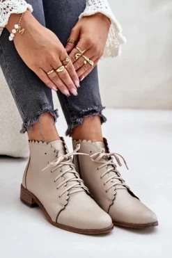 Damskie Zazoo 2964 Skórzane Botki Na Płaskim Obcasie Beżowe