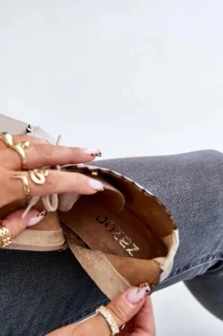 Damskie Zazoo 2964 Skórzane Botki Na Płaskim Obcasie Beżowe