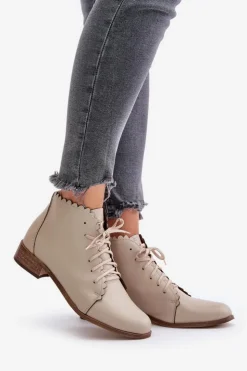 Damskie Zazoo 2964 Skórzane Botki Na Płaskim Obcasie Beżowe