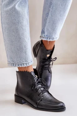 New Zazoo 2964 Skórzane Botki Na Płaskim Obcasie Czarne Czarny