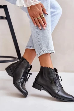 New Zazoo 2964 Skórzane Botki Na Płaskim Obcasie Czarne Czarny