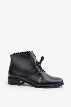 New Zazoo 2964 Skórzane Botki Na Płaskim Obcasie Czarne Czarny