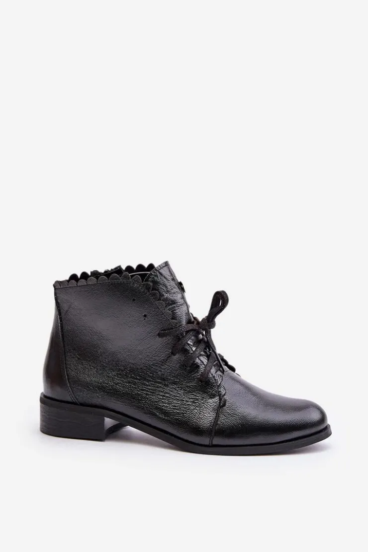 New Zazoo 2964 Skórzane Botki Na Płaskim Obcasie Czarne Czarny