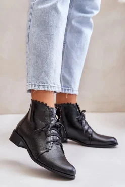 New Zazoo 2964 Skórzane Botki Na Płaskim Obcasie Czarne Czarny