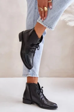 New Zazoo 2964 Skórzane Botki Na Płaskim Obcasie Czarne Czarny