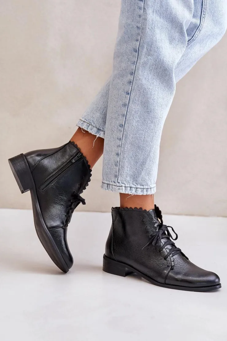 New Zazoo 2964 Skórzane Botki Na Płaskim Obcasie Czarne Czarny