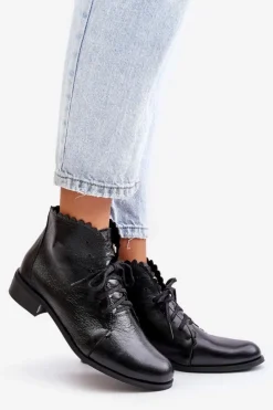 New Zazoo 2964 Skórzane Botki Na Płaskim Obcasie Czarne Czarny